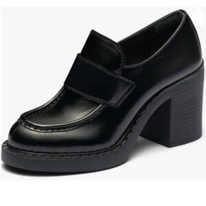 Maiyang Black Block Mid Heel Platform Loafers Round Toe Slip on Party Event Pump